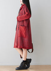 Italian Red Hooded Patchwork Denim Mid Dress