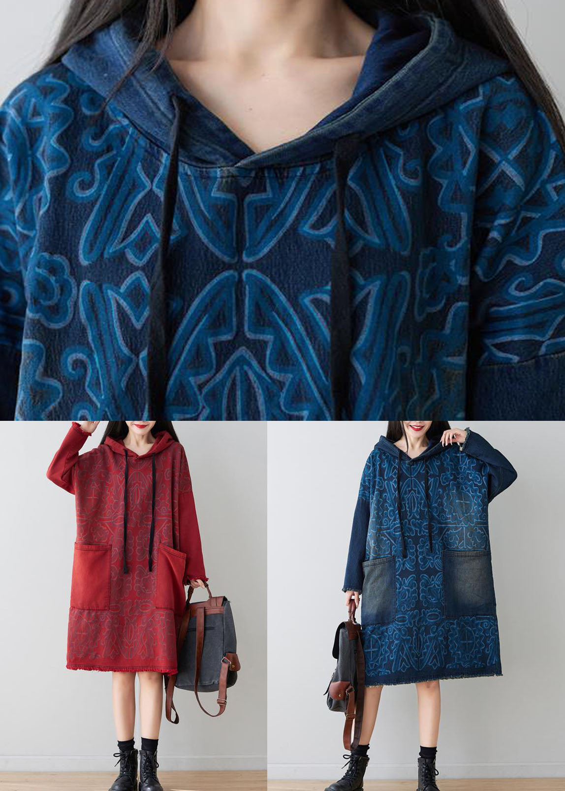 Italian Red Hooded Patchwork Denim Mid Dress