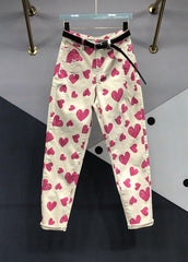 Italian Rose Heart Print Pockets Patchwork Denim Pants Fall