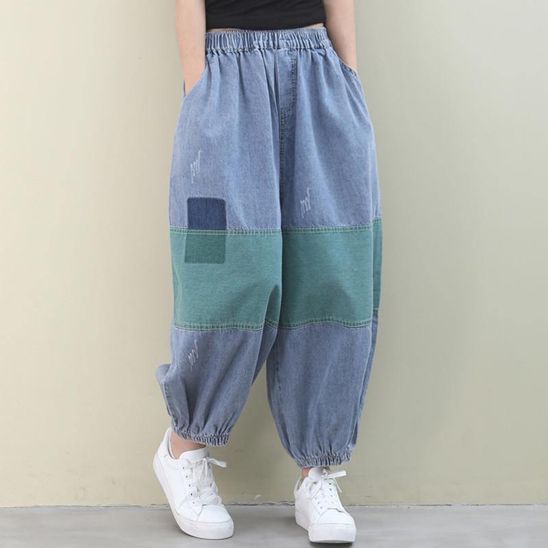 Italian pants denim blue pattern elastic waist patchwork green trousers