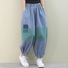 Italian pants denim blue pattern elastic waist patchwork green trousers