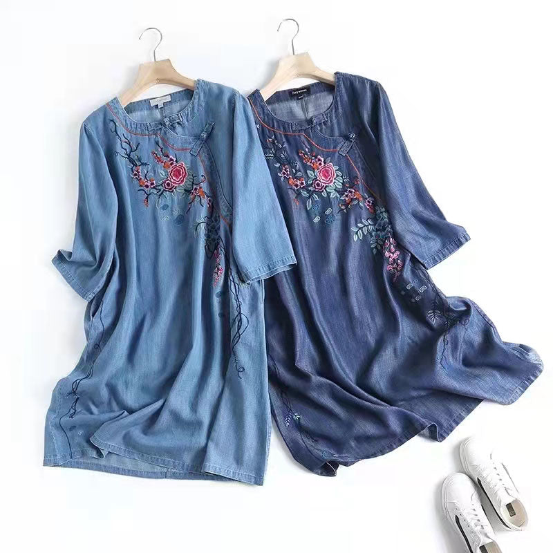 Italian Blue Embroideried Oriental Denim Dresses Cotton Dress