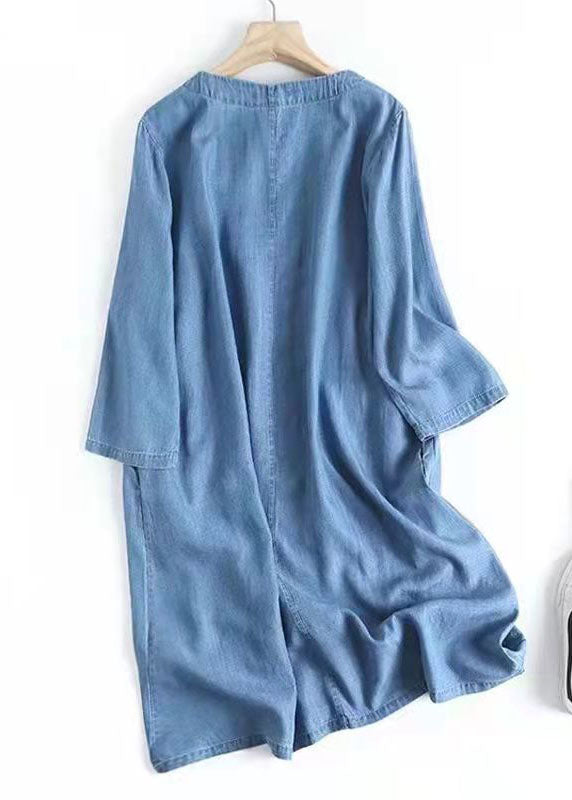 Italian Blue Embroideried Oriental Denim Dresses Cotton Dress