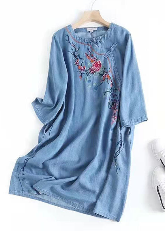 Italian Blue Embroideried Oriental Denim Dresses Cotton Dress