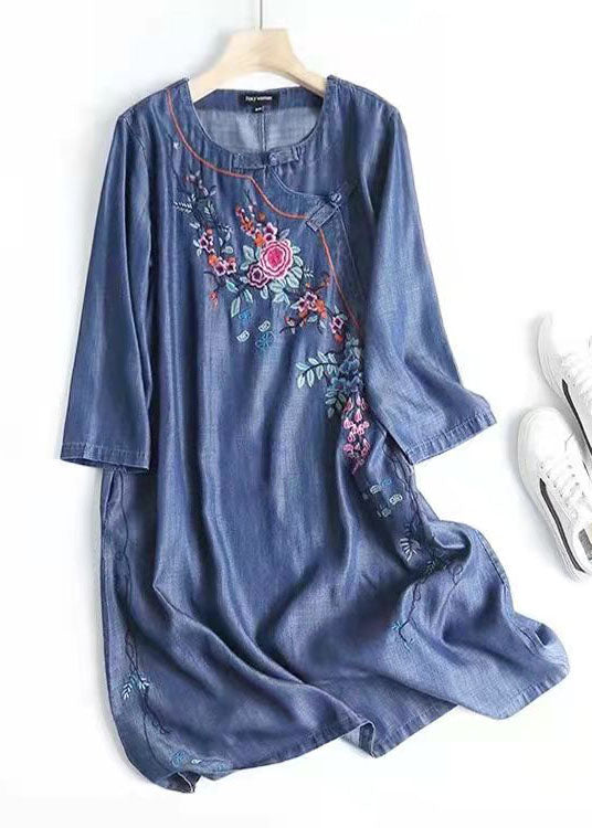 Italian Blue Embroideried Oriental Denim Dresses Cotton Dress