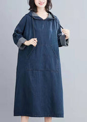 Italian Hooded Pockets Clothes Denim Blue Traveling Dresses