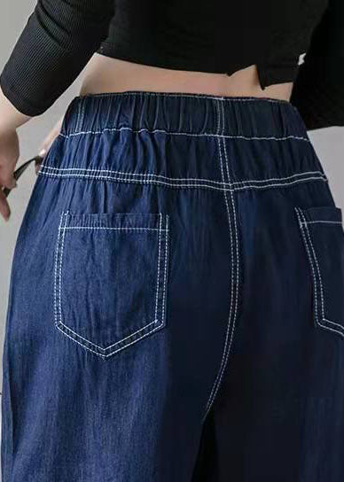 Italian Casual Pants Stylish Denim Blue Photography Elastic Waist Patchwork Pants