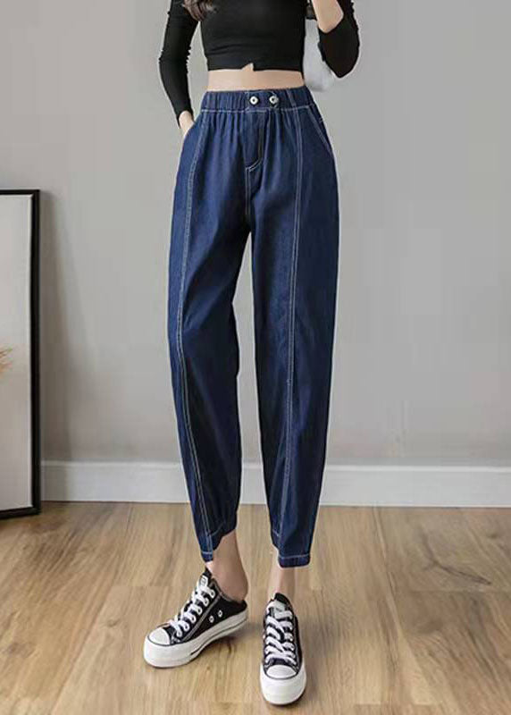 Italian Casual Pants Stylish Denim Blue Photography Elastic Waist Patchwork Pants