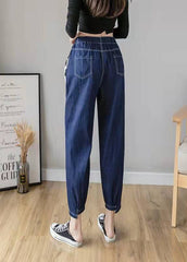 Italian Casual Pants Stylish Denim Blue Photography Elastic Waist Patchwork Pants