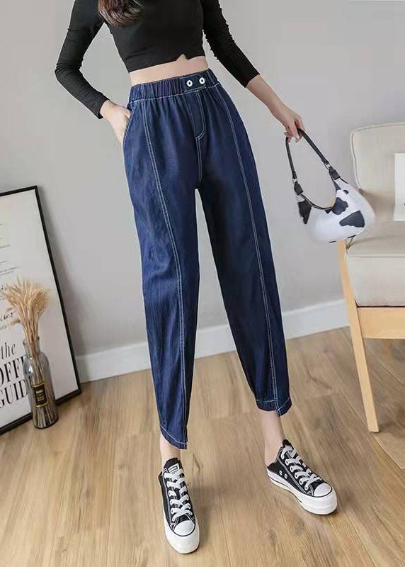 Italian Casual Pants Stylish Denim Blue Photography Elastic Waist Patchwork Pants