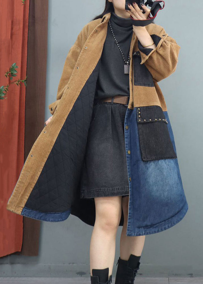 Khaki Button Denim Patchwork Long Coats Rivet Long Sleeve