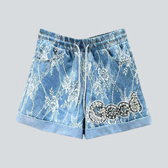 Lace & pearl embroidery denim shorts