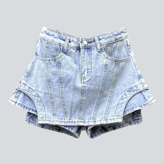 Layered light wash denim skort