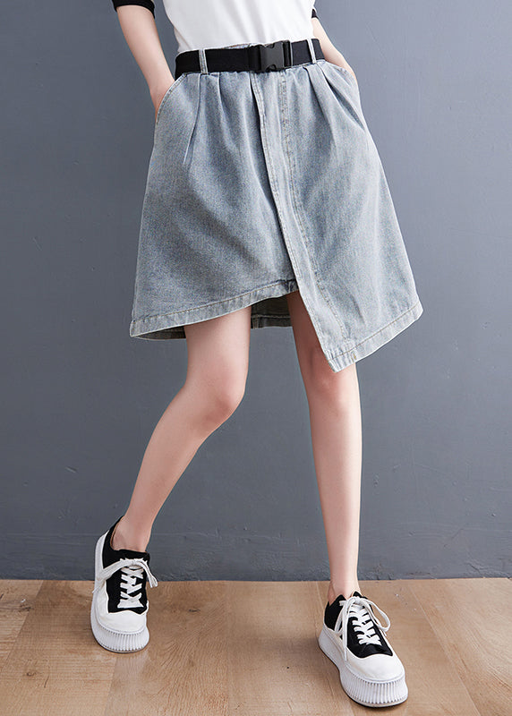 Light Blue Denim Skirts Asymmetrical Design Elastic Waist