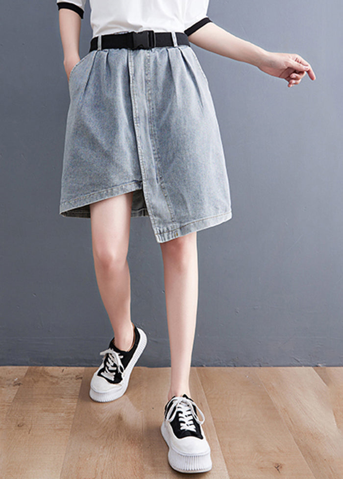 Light Blue Denim Skirts Asymmetrical Design Elastic Waist