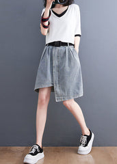 Light Blue Denim Skirts Asymmetrical Design Elastic Waist