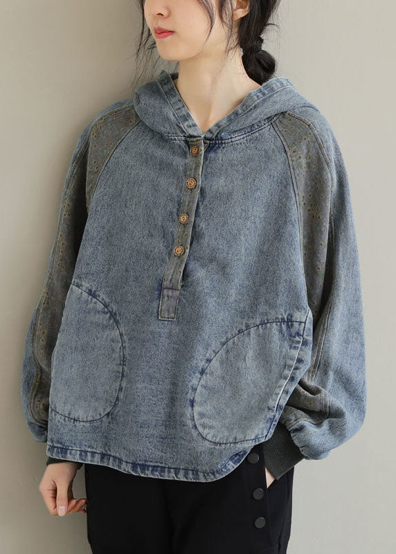 Light Blue Patchwork Denim Tops Hooded Long Sleeve