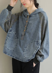 Light Blue Patchwork Denim Tops Hooded Long Sleeve