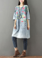 Light Blue Pockets Print Denim Mid Dress O Neck