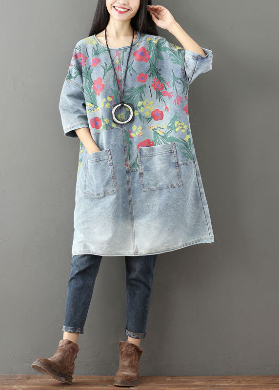 Light Blue Pockets Print Denim Mid Dress O Neck