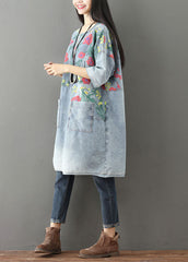 Light Blue Pockets Print Denim Mid Dress O Neck