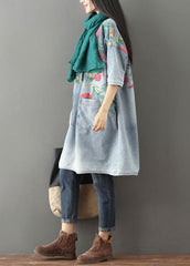 Light Blue Pockets Print Denim Mid Dress O Neck