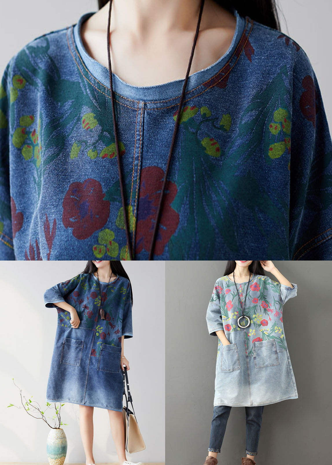 Light Blue Pockets Print Denim Mid Dress O Neck