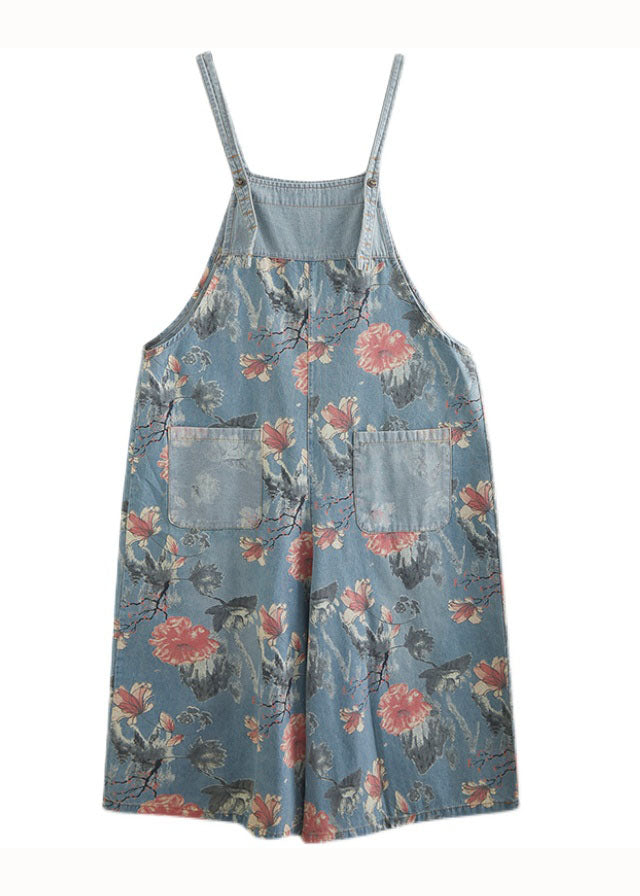 Light Blue Print Patchwork Denim Jumpsuit Pockets