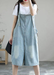 Light Blue Retro Loose Pockets Denim Jumpsuit Shorts