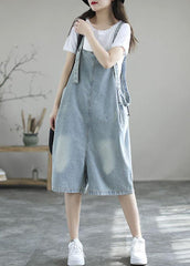 Light Blue Retro Loose Pockets Denim Jumpsuit Shorts