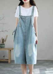 Light Blue Retro Loose Pockets Denim Jumpsuit Shorts