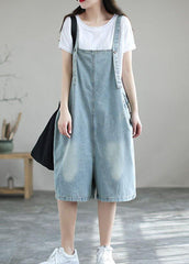 Light Blue Retro Loose Pockets Denim Jumpsuit Shorts