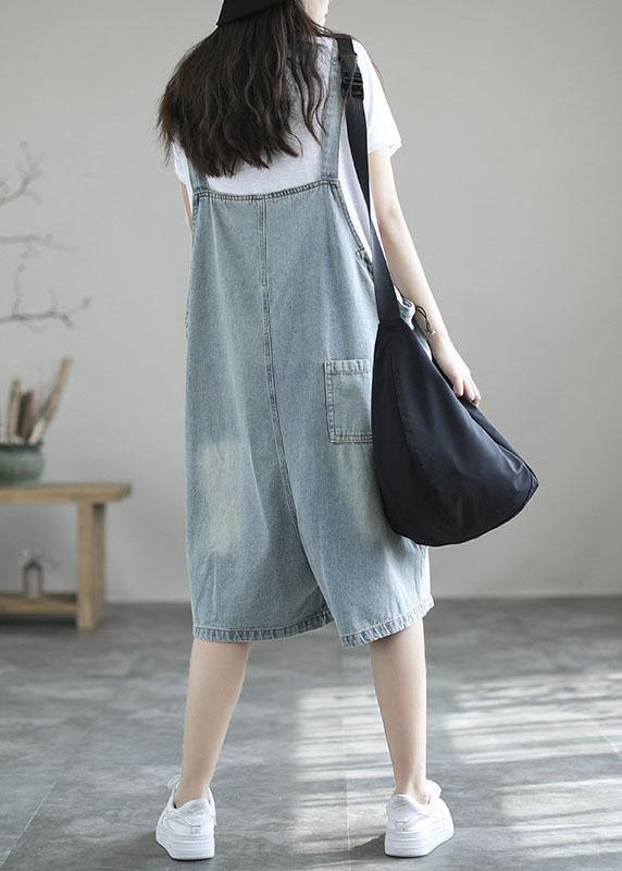 Light Blue Retro Loose Pockets Denim Jumpsuit Shorts