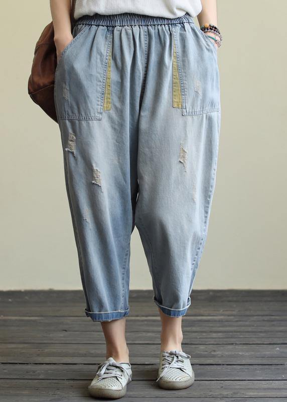 Literary loose loose white casual stitching hole denim cropped harem pants