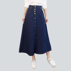 Long a-line buttoned denim skirt