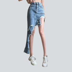 Long asymmetric hem denim skirt