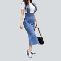 Long jeans skirt with suspenders