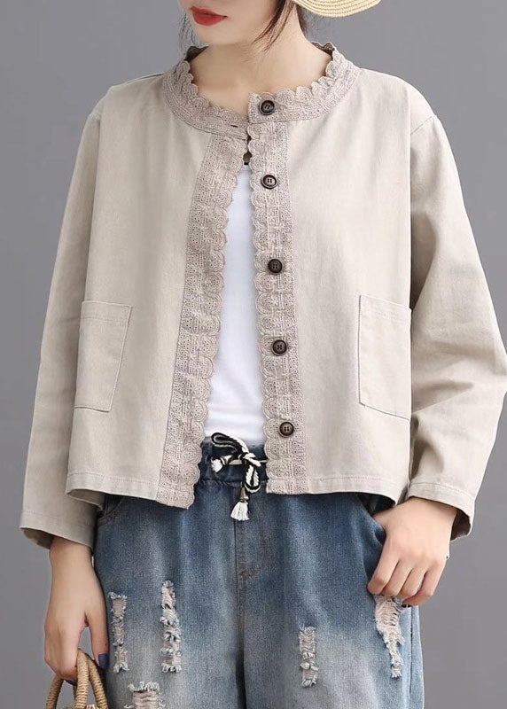 Loose Beige retro Denim Pockets Casual Coats Fall