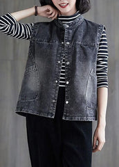 Loose Black Grey Colour O-Neck Patchwork Button Pockets Denim Waistcoat Sleeveless