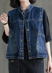 Loose Black Grey Colour O-Neck Patchwork Button Pockets Denim Waistcoat Sleeveless