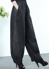 Loose Black Grey Patchwork Elastic Waist Denim Crop Pants Fall