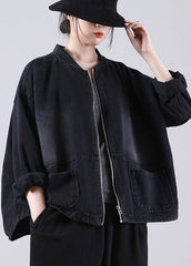 Loose Black Zippered Pockets Patchwork Fall Denim Long sleeve Coat