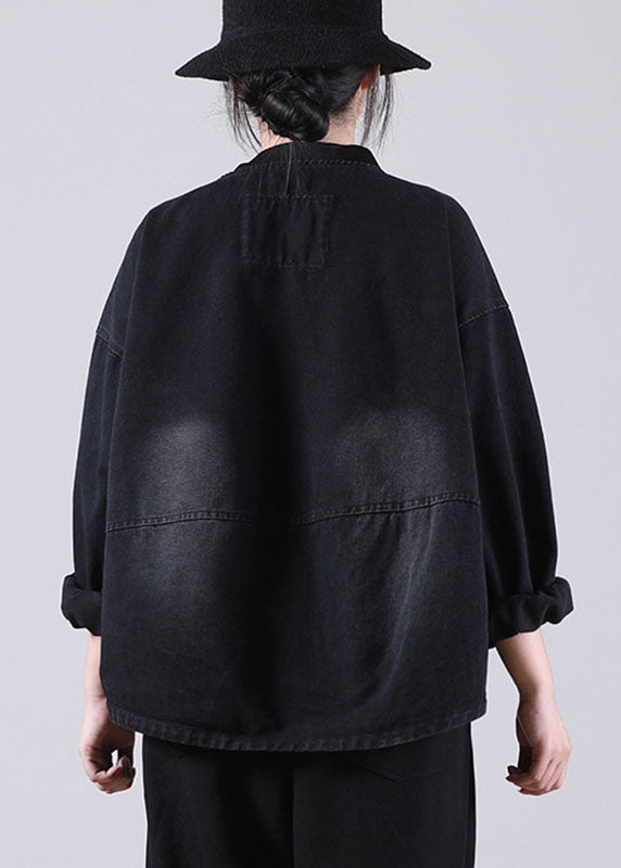 Loose Black Zippered Pockets Patchwork Fall Denim Long sleeve Coat