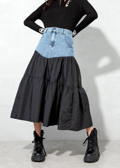 Loose Black denim Patchwork Casual Skirt