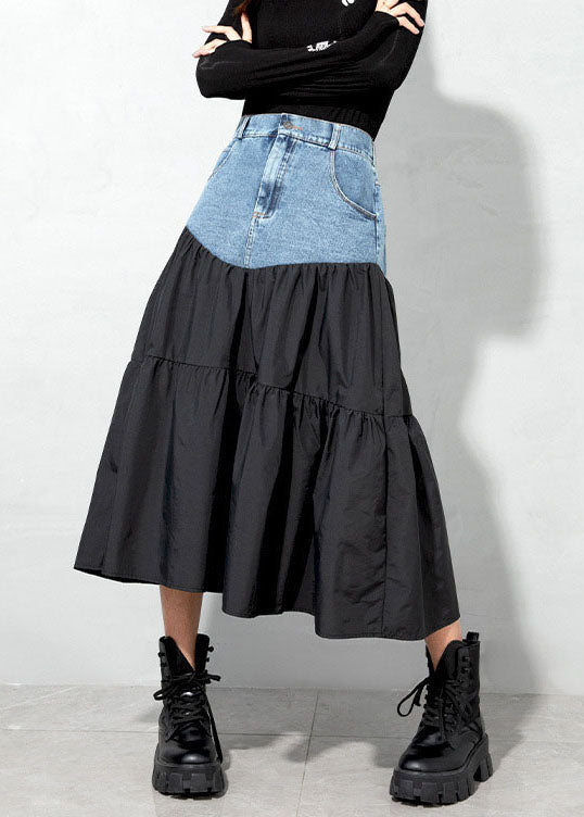 Loose Black denim Patchwork Casual Skirt