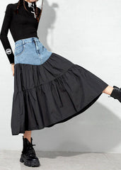 Loose Black denim Patchwork Casual Skirt