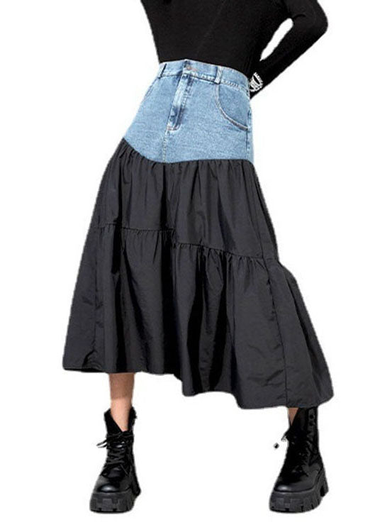 Loose Black denim Patchwork Casual Skirt