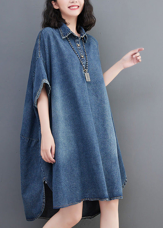 Loose Blue-little flower Button Side Open Maxi Denim Dress