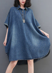 Loose Blue-sunflower Button Side Open Maxi Denim Dress