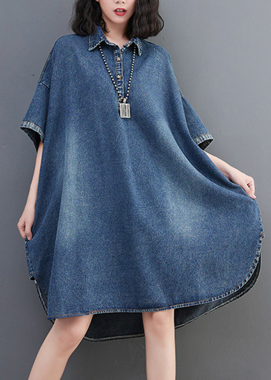 Loose Blue-little flower Button Side Open Maxi Denim Dress